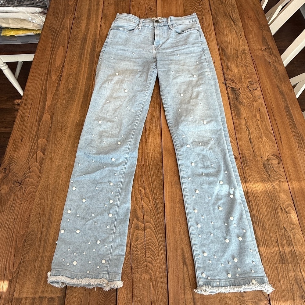 FRAME Le High Straight Double Frayed Hem Pearl Jean 45024 - Picture 2 of 14